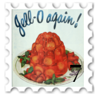 July 2025 Swinging 40s SWG challenge stamp - ad with a pile of red Jello that reads, "Jell-O again!"
