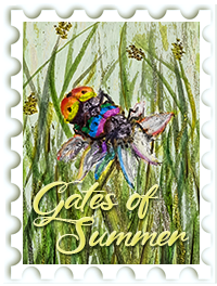 Illustration of a rainbow beetle on a flower amid tall green grass.