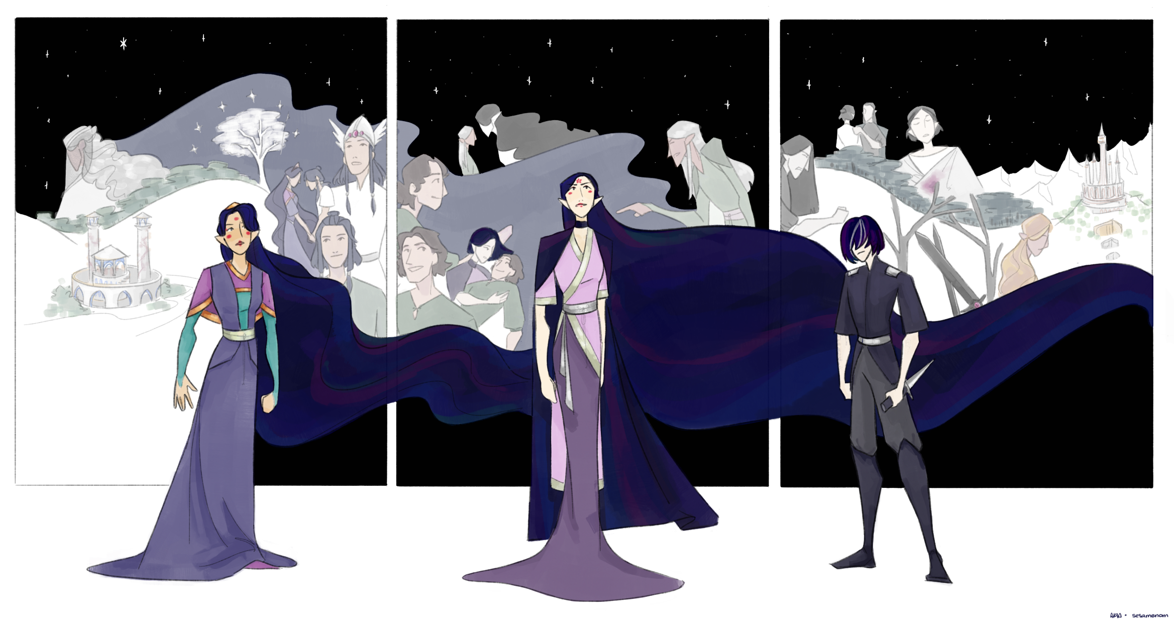 Arwen, Luthien, and Maeglin stand forward with scenes from their lives in the background