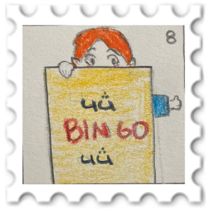August 2025 Kids These Days challenge stamp - small red-haired Elf smiles while holding a card that reads BINGO
