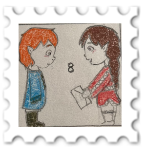 August 2025 Kids These Days challenge stamp - small brown-haired Elf hands a letter to a small red-haired Elf