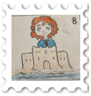 August 2025 Kids These Days challenge stamp - small red-haired Elf smiles behind a sandcastle