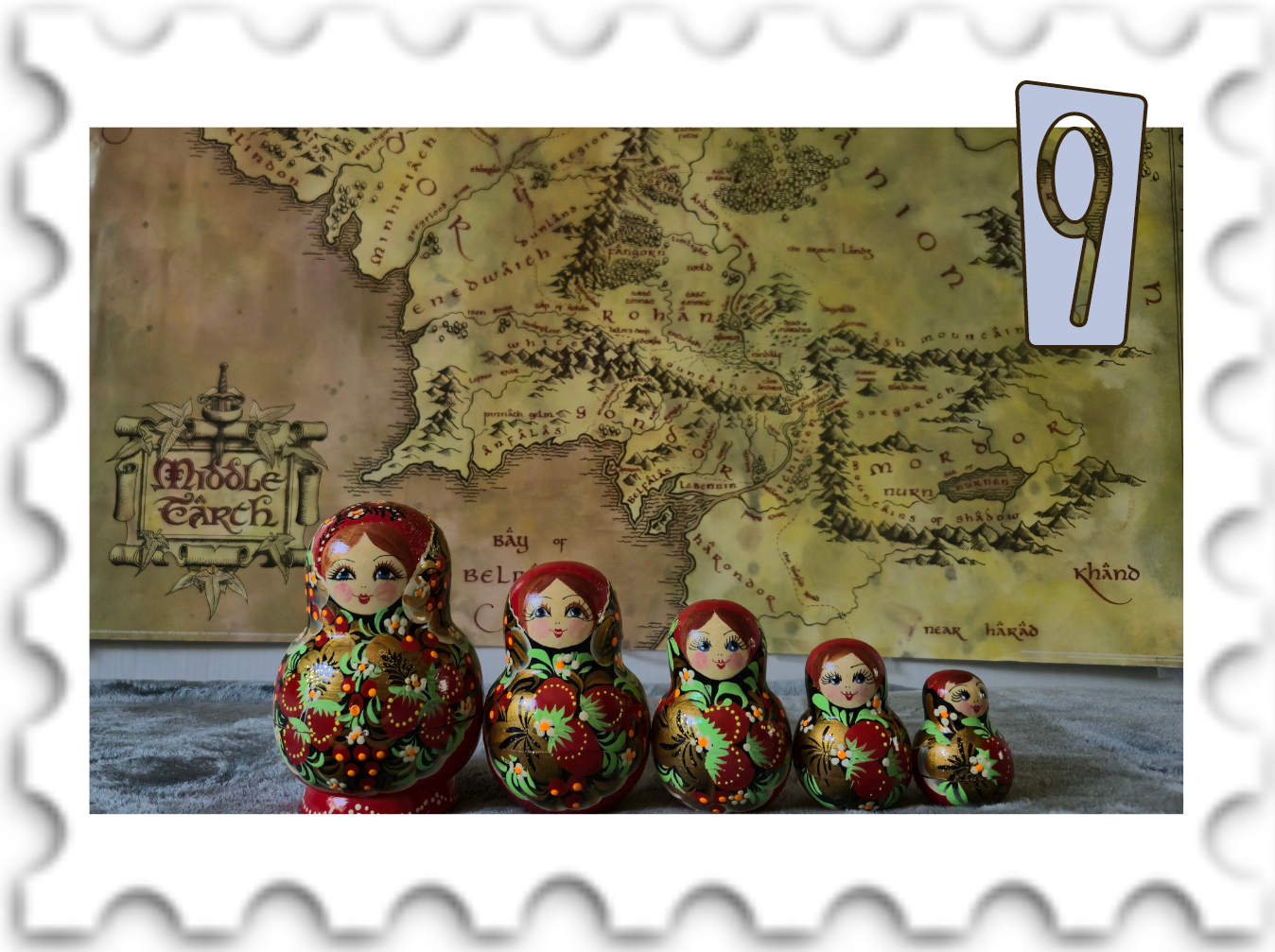 September 2025 Jumble Sale challenge stamp - five Matryoshka dolls in front of a Middle-earth map
