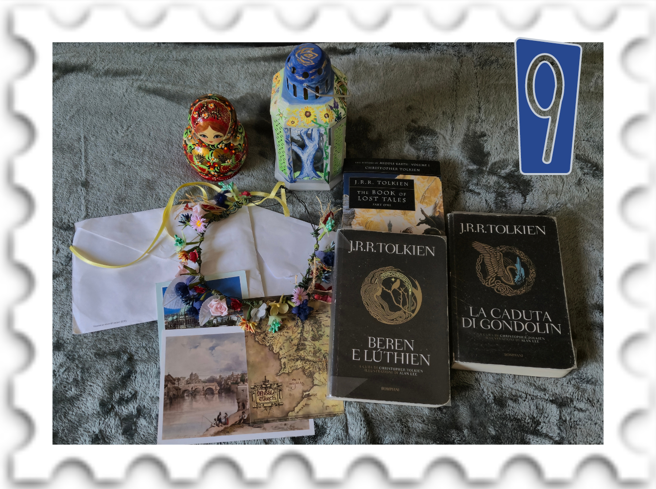 September 2025 Jumble Sale challenge stamp - jumble of Tolkien books and Tolkien-themed artifacts