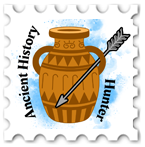 Ancient History Hunter stamp with old vase with an arrow lodged in the handle