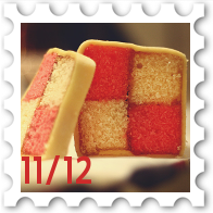 November/December 2025 Great Beleriand Bake-Off SWG challenge stamp - a photo of a sliced Battenberg cake, showing the check pattern inside