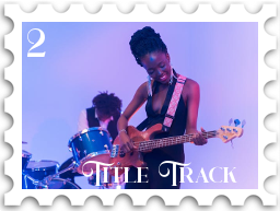 February 2026 Title Track SWG challenge  stamp - color photo of the frontwoman of a band playing guitar with a drummer in the background. Both are Black.