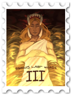 March 2026 Famous Last Words SWG challenge  stamp - a color illustration of Finrod lit in gold with his eyes closed and hands folded over his chest. He wears a simple white one-shoulder tunic, and on his head are what could be a matching crown and large earrings or could be the jaws of a wolf closing on him.
