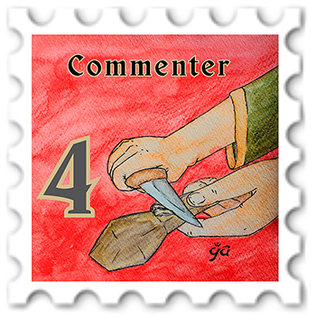 April 2026 Everyman SWG challenge  stamp - a color illustration of a pair of hands whittling; the number 4 is at the left and the word "Commenter" at the right