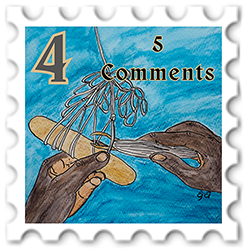 April 2026 Everyman SWG challenge  stamp - a color illustration of a pair of brown hands knitting; the number 4 is at the left and the words "5 Comments" at the right