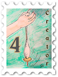 April 2026 Everyman SWG challenge  stamp - a color illustration of a hand holding a drop spindle; the number 4 is at the left and the word "Creator" at the right