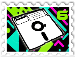 June 2026 Epic 80s SWG challenge  stamp - a black and white illustration of a 5.25" floppy disk against a colorful 80s graphics background