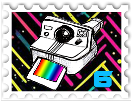 June 2026 Epic 80s SWG challenge  stamp - a black and white illustration of a Polaroid camera extruding a rainbow photo against a colorful 80s graphics background
