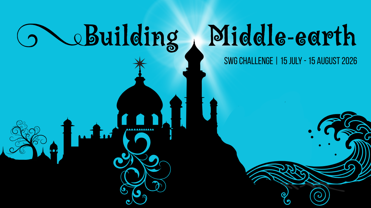 Building Middle-earth - SWG Challenge - 15 July through 15 August 2026 - silhouette of city towers on the edge of the sea with the tallest lit from behind