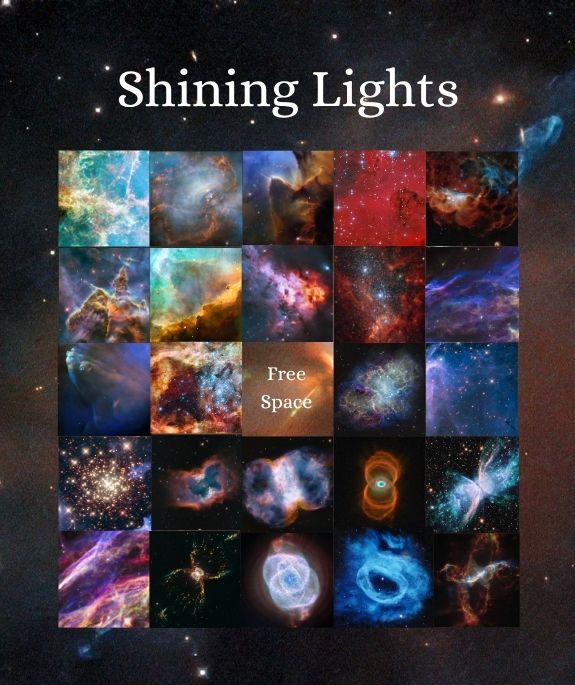A bingo card filled with Hubble images of different celestial objects. The background image is a Hubble photograph of object HH111.