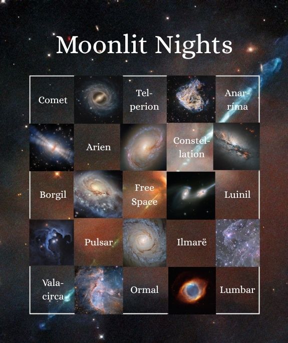 A bingo card filled with a mix of word prompts relating to astronomy in the real world and Tolkien's works and a variety of Hubble images of different celestial objects. The background image is a Hubble photograph of object HH111.