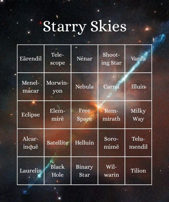 A bingo card filled with word prompts relating to Astronomy in the real world and Tolkien's works. The background image is a Hubble photograph of object HH111.