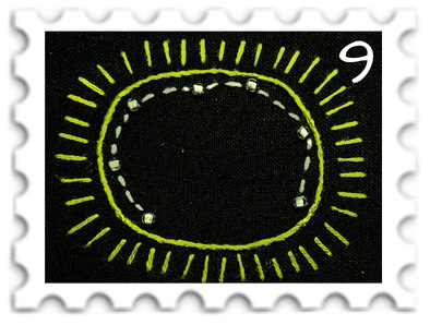 September 2026 Stars SWG challenge  stamp - embroidery of the constellation Anarríma against a black background; the stars are picked out in pale gold, while the outline of a radiant sun is in yellow
