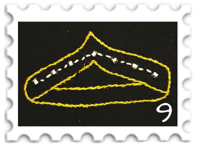 September 2026 Stars SWG challenge  stamp - embroidery of the constellation Durin's Crown against a black background; the stars are picked out in pale gold, while the outline of the crown is in bright gold.