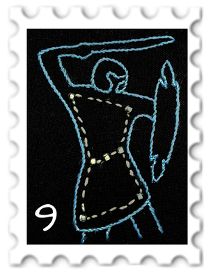 September 2026 Stars SWG challenge  stamp - embroidery of the constellation Menelmacr against a deep space starfield. The stars are picked out in a gold/silver thread, while the outline of the warrior is in blue.