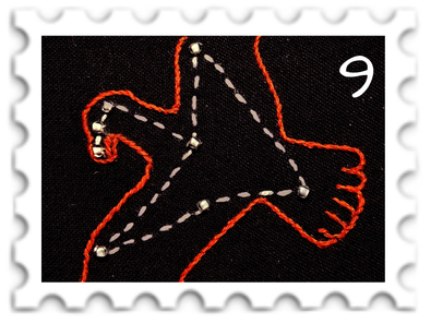 September 2026 Stars SWG challenge  stamp - embroidery of the constellation Soronúmë against a black background; the stars are picked out in pale gold, while the outline of the Eagle of the West is bright red.