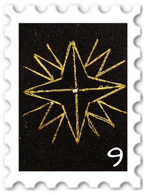 September 2026 Stars SWG challenge  stamp - embroidery of the Star of Fëarno against a black background; the center is picked out in pale gold, while the rest of the star and its rays are in bright gold. There are a few points of light in the background suggesting a starfield.
