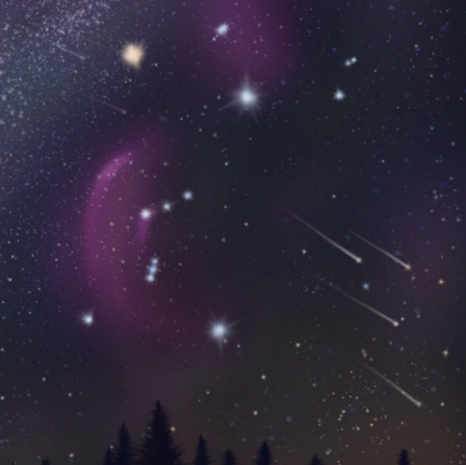Digital art depicting the constellation Menelmacar (Orion) with nebulae and some shooting stars