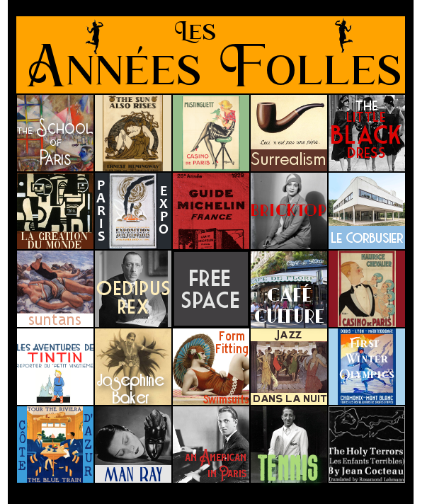 Les Années folles bingo card - text prompts below the image