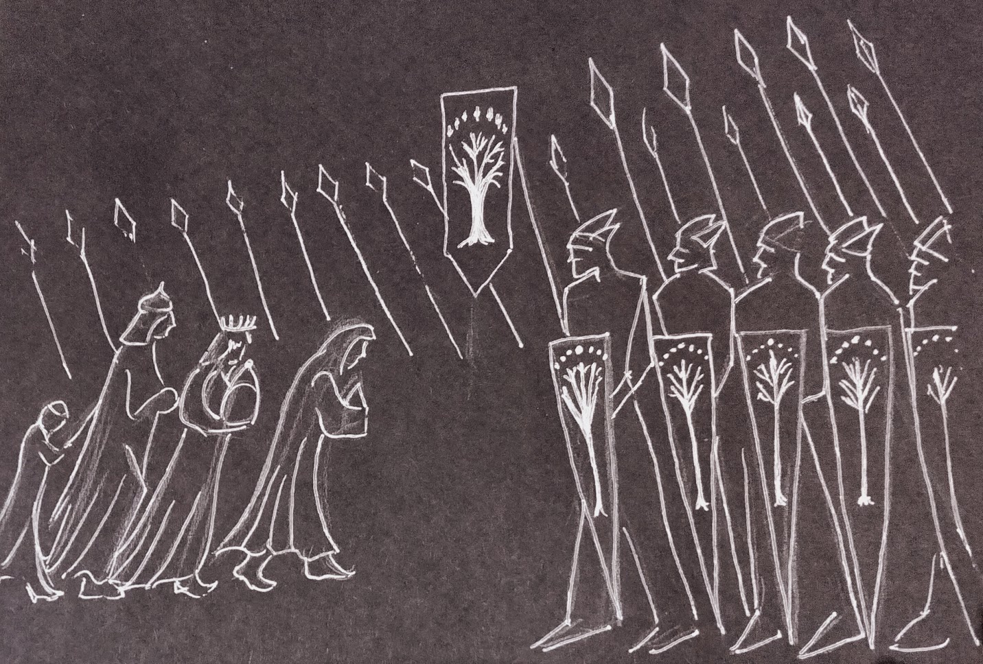 "Tribute to Gondor" by bunn. White drawing on a dark background of hostages walking toward Gondorians armed with spears.