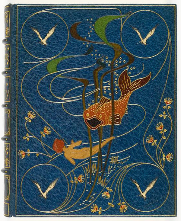 A brilliant blue book cover showing a bright orange fish swimming among plants, with a child or possibly a mermaid, and a sea bird in each corner