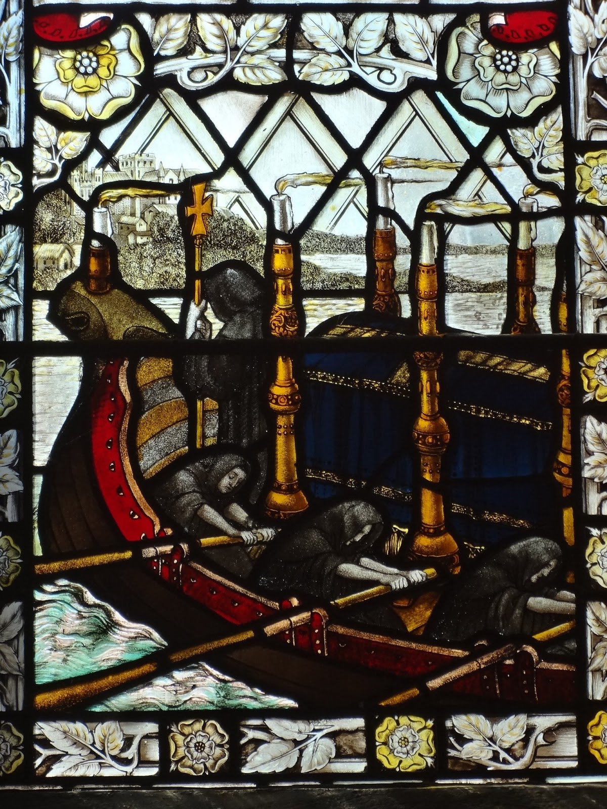 Stained glass window at St Mary's, Ely, depicting the monks of Ely bringing Byrhtnoth's body for burial, photograph by Eleanor Parker