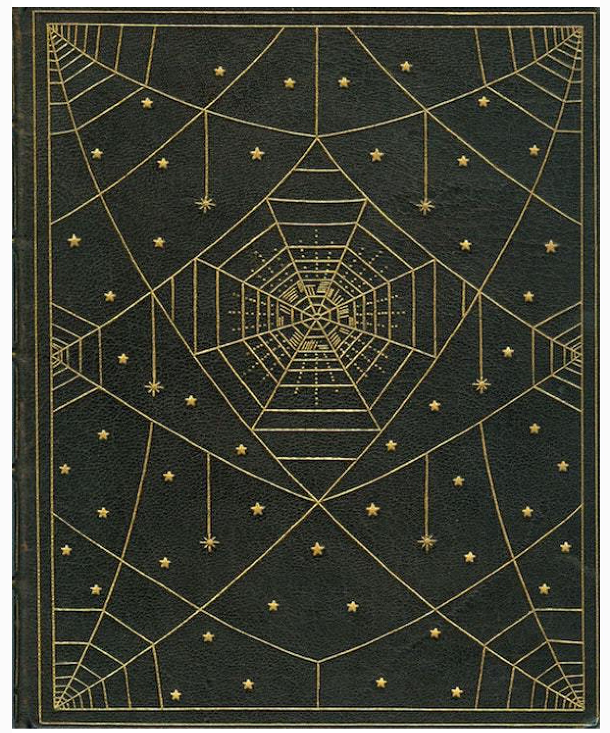 dark green book cover with gold cobweb and stars. some stars hanging from the web like spiders.