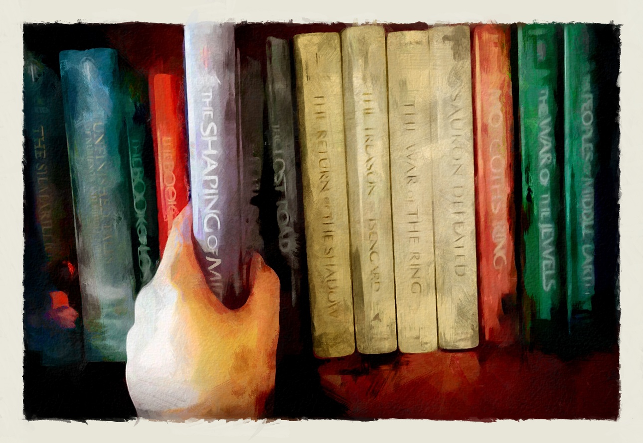 Painting of a hand pulling a History of Middle-earth book from a shelf, by Anérea