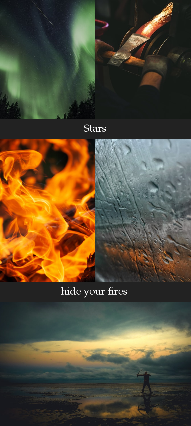 A moodboard made up of five images, showing the northern lights, an axe being sharpened, flames, drops of water on a metal sheet, and an archer on a lakeshore, along with the story title