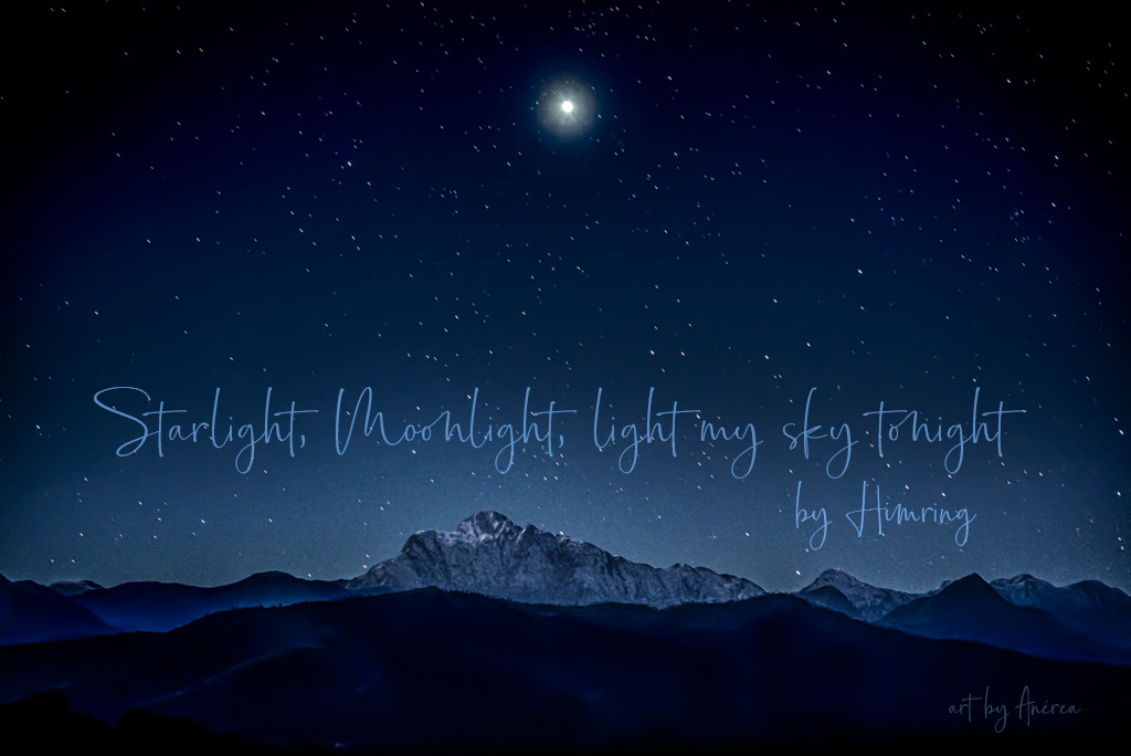 The moon shines down over an indigo sky filled with stars. There are mountains below. The story title has been added between the mountains and the moon.