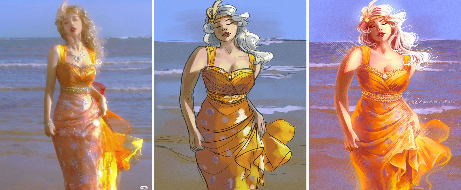 OC Chenmei by Ismene. Orange Dress, Left: The reference photo; centre: a sketch plus rough colors; right: the finished drawing.