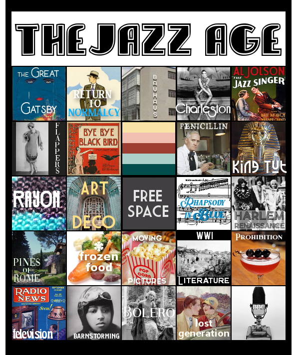 "Jazz Age" bingo card. Text prompts may be found below the image.