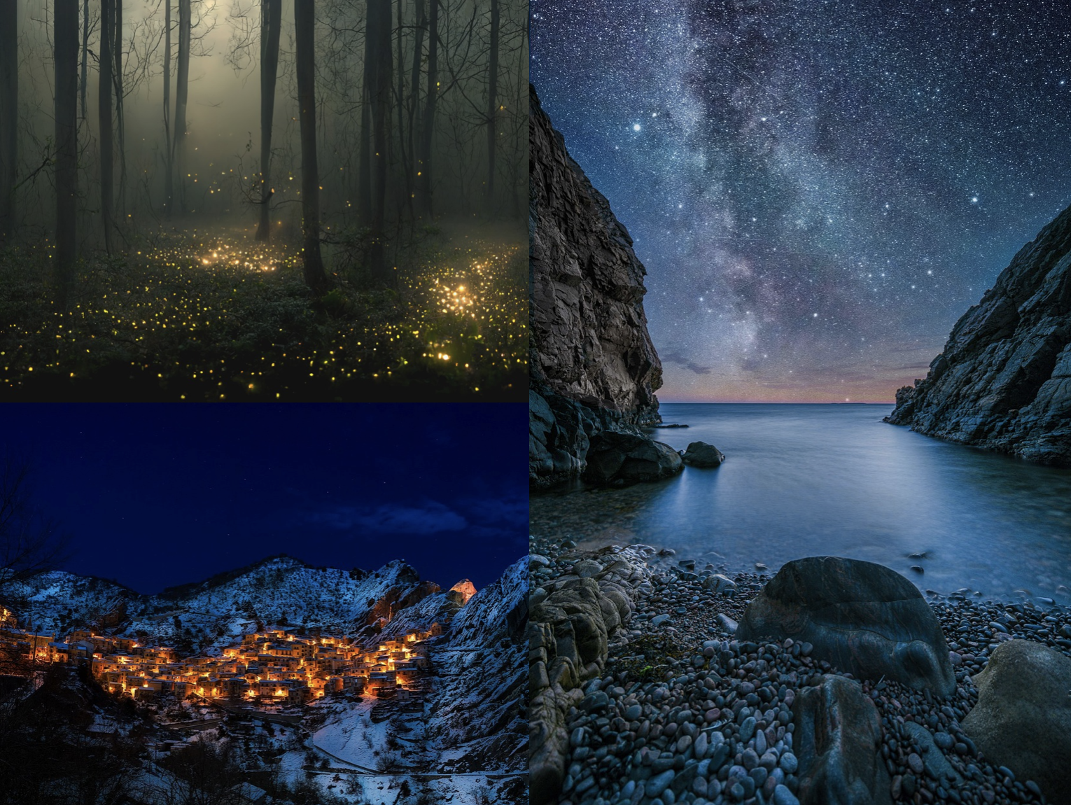 three photos - one of fireflies in a forest, one of a hill with glowing homes, and one of a view of a starry sky from a small inlet