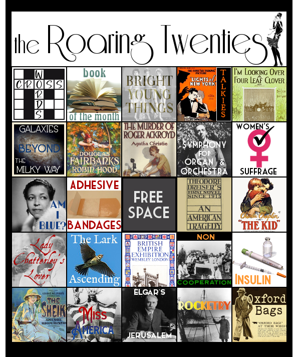 "Roaring 20s" bingo card - text prompts are below the image.