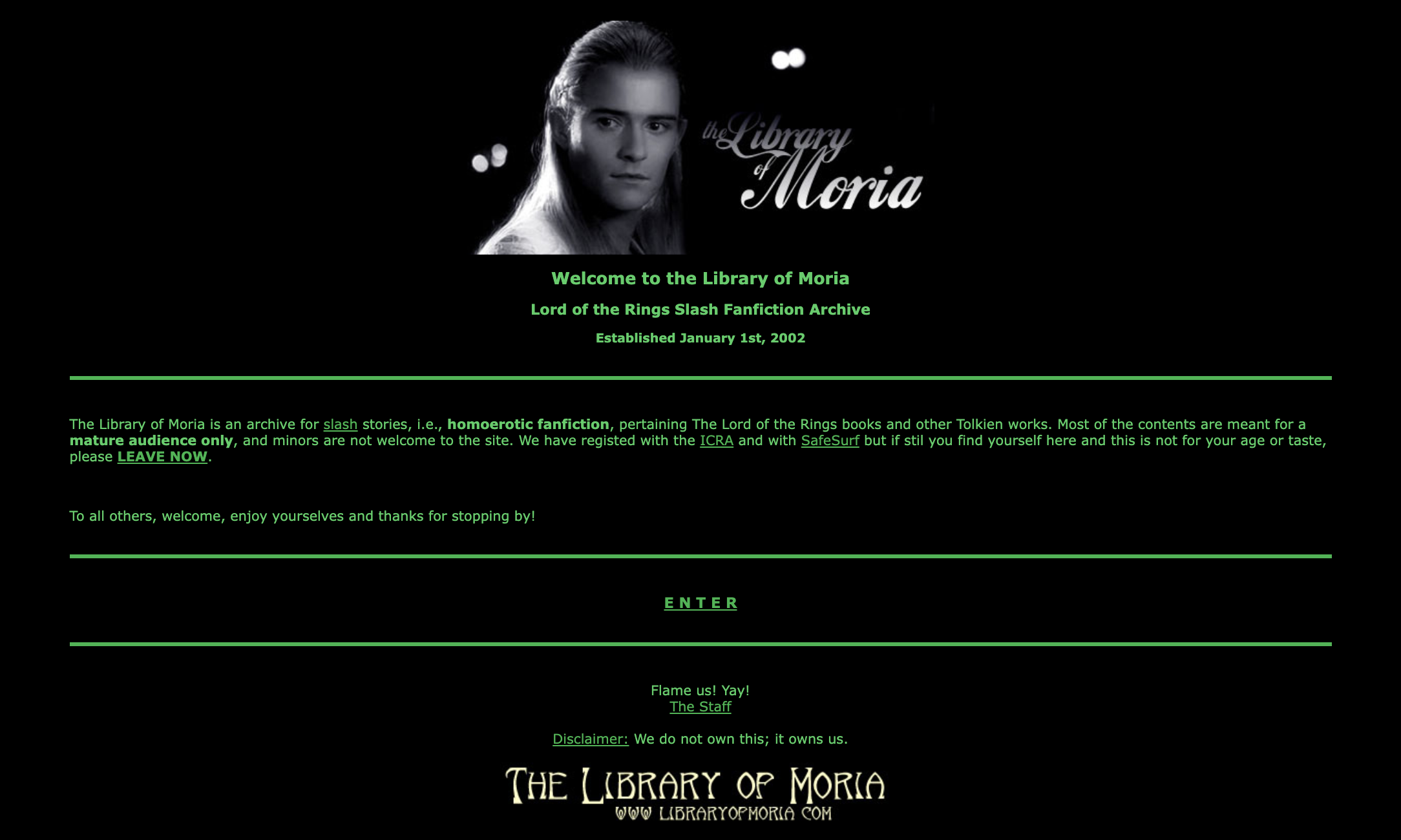 A screenshot of the Library of Moria's homepage as of the writing of this article, showing the distinctive black background and warnings