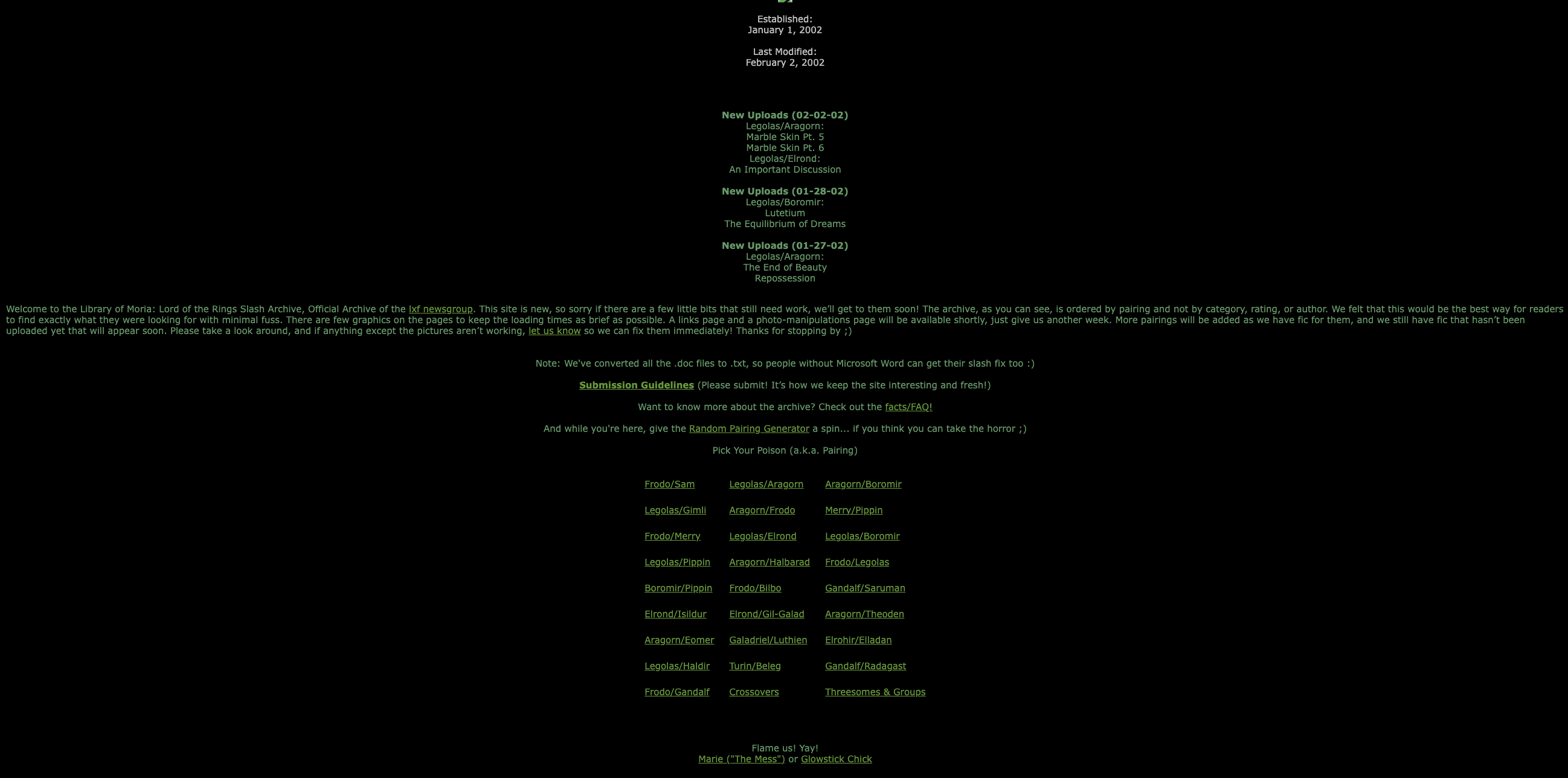 The earliest available capture of the Library of Moria's homepage, from February 3, 2002, shows the pairings list and 'Flame Us! Yay!' already in place