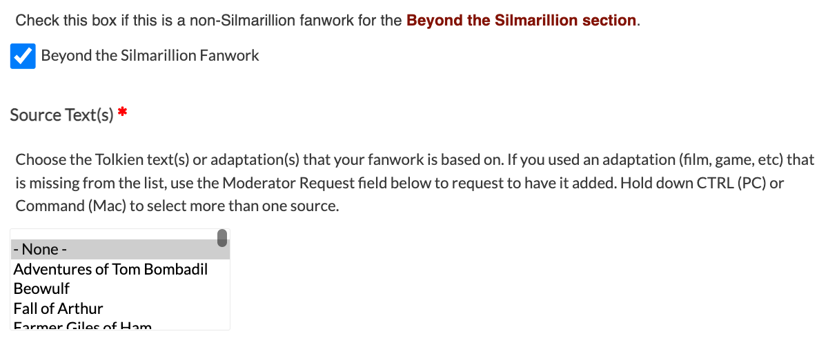 Screencap of 'Beyond the Silmarillion Fanwork' checkbox selected and the Source Text field