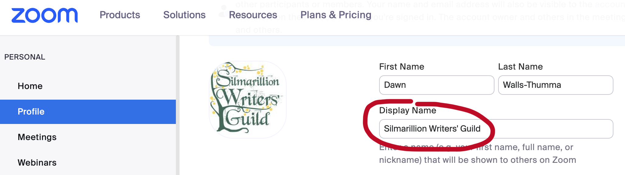 screen capture of Zoom Profile page shows where to change your Display Name