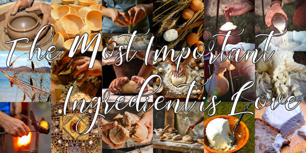 A title banner. The individual images depict a number of different crafts, like pottery, cooking, sewing, cheese making, glass blowing and similar. The title of the story is "The Most Important Ingredient is Love"