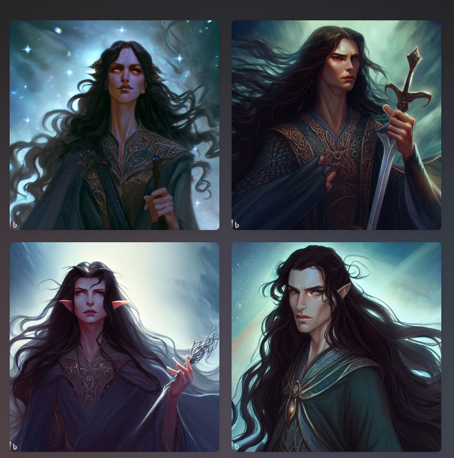 Four AI-generated works of "art" from Dawn's prompt "feanor and silmarils." In all four, Fëanor is dressed in dark, flowing clothing and has dark, windblown hair. Sometimes he is holding a sword. Sometimes his eyes are glowing evilly red. Sometimes his ears jut out from his cheeks. Never is he holding the Silmarils, which seem to have stumped the AI and don't appear at all.
