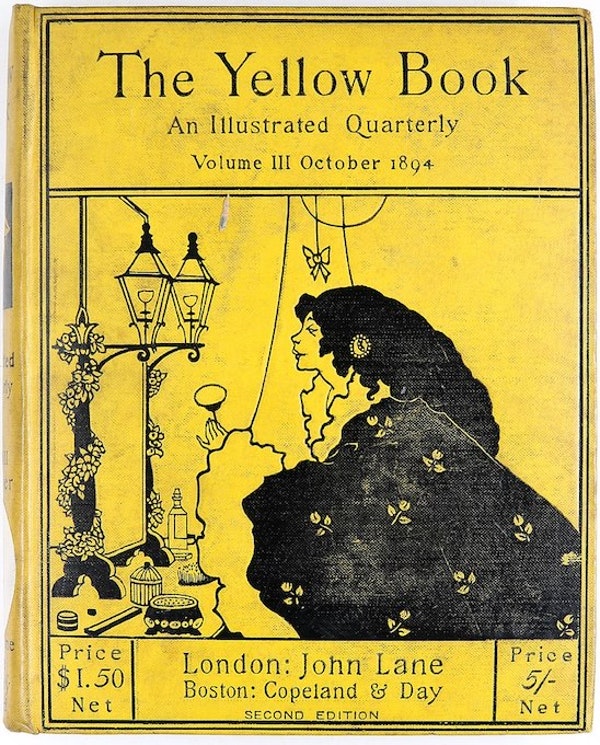 a bright yellow book cover with a woman in profile, looking into a mirror, with heavy dark hair and a floral wrap, titled The Yellow Book