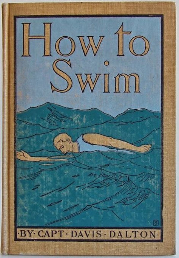 a brown fabric book cover titled How to Swim, including blue choppy water and a small swimming freestyle in a blue swimsuit