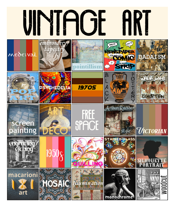 Vintage Art Bingo Card - see below for text prompts