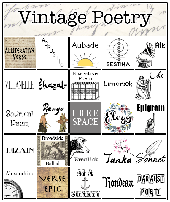 Vintage Poetry Bingo Card - see below for text prompts