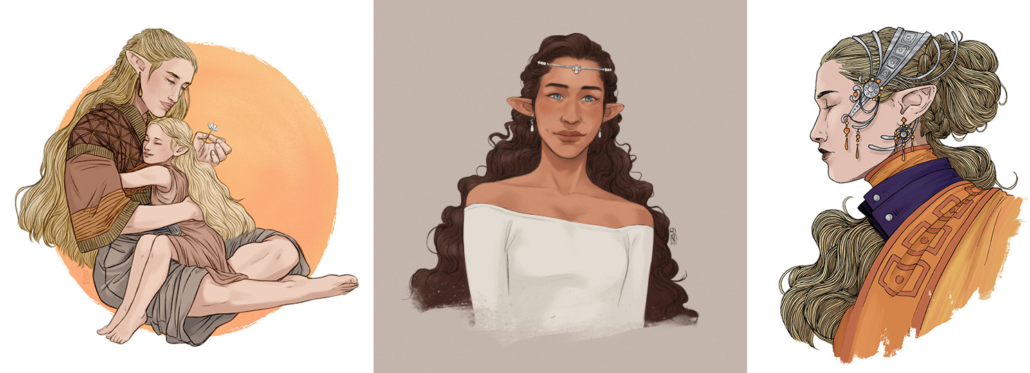 Left: Galadriel and Finrod; center: Aredhel; right: Finduilas by Dorothea/Busymagpie